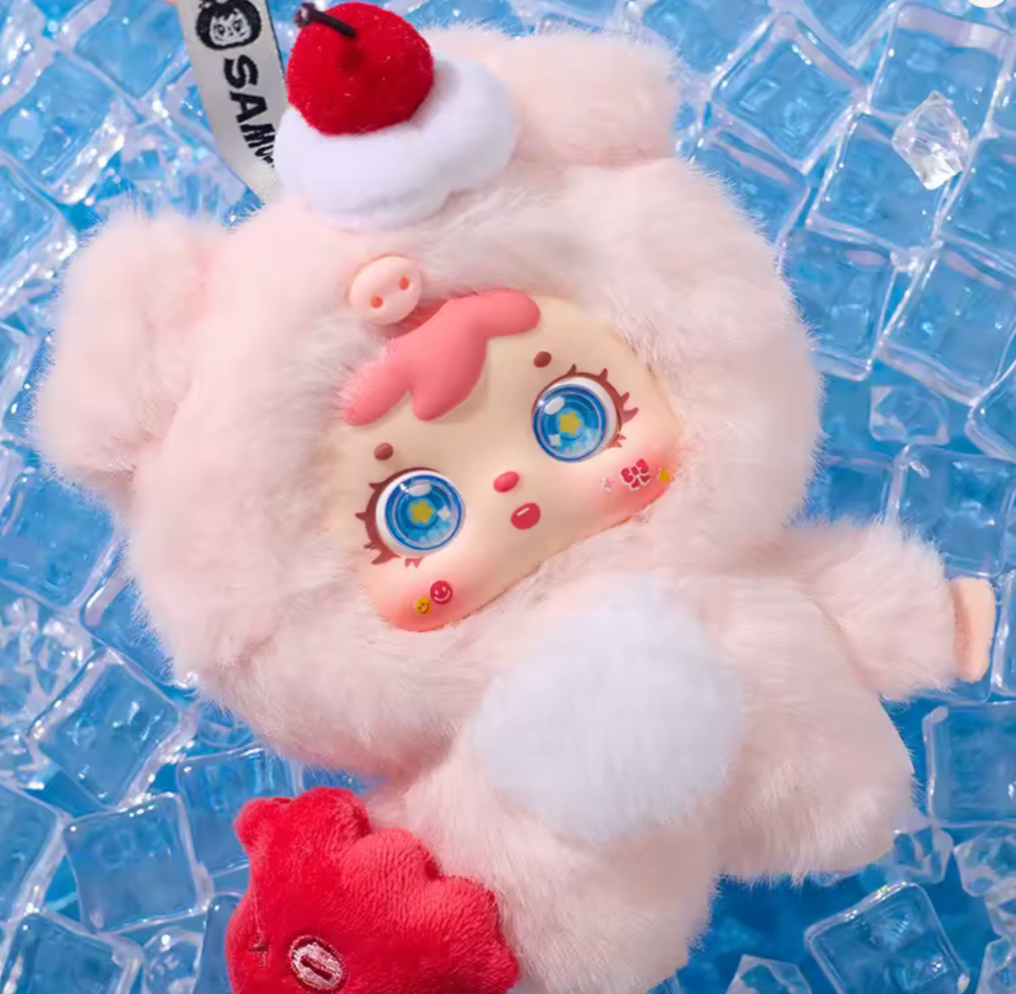 Plush toy with a cartoon face on a blue textured background